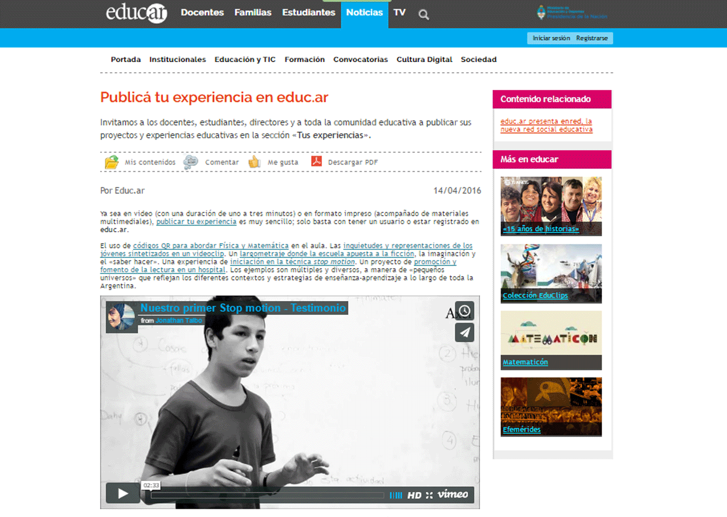 Difusión en medios · Nuestro Primer Stop Motion